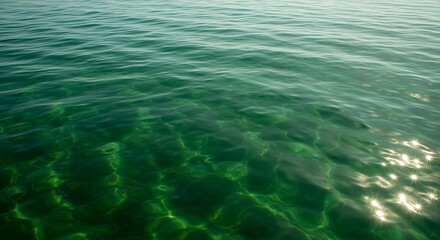 Clear emerald green sea water surface with sunlight reflections.