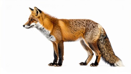 Fototapeta premium Side profile of red fox with bushy tail on white background.