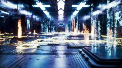 Journey through a futuristic digital network corridor with glowing data streams and complex circuitry - Powered by Adobe