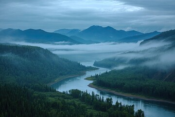 Fototapeta premium Misty mountain river valley