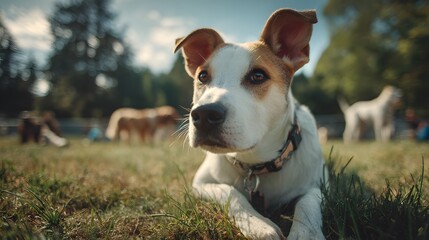 Alert white and brown dog with perky ears and a collar lying down on the grass.