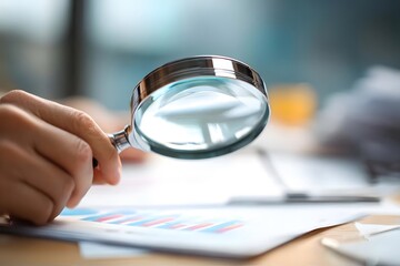 Magnifying glass, hand, examining, documents, desk, bright light