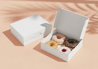 Blank white cardboard box mockup for donuts showcasing assorted glazed donuts in soft warm light and shadows
