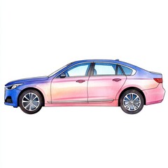 Fototapeta premium Watercolor Side Profile of a Modern Sedan in Purple, Pink, and Blue Hues