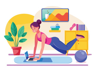 A woman in sportswear doing a plank exercise with a laptop in front of her indoors at home