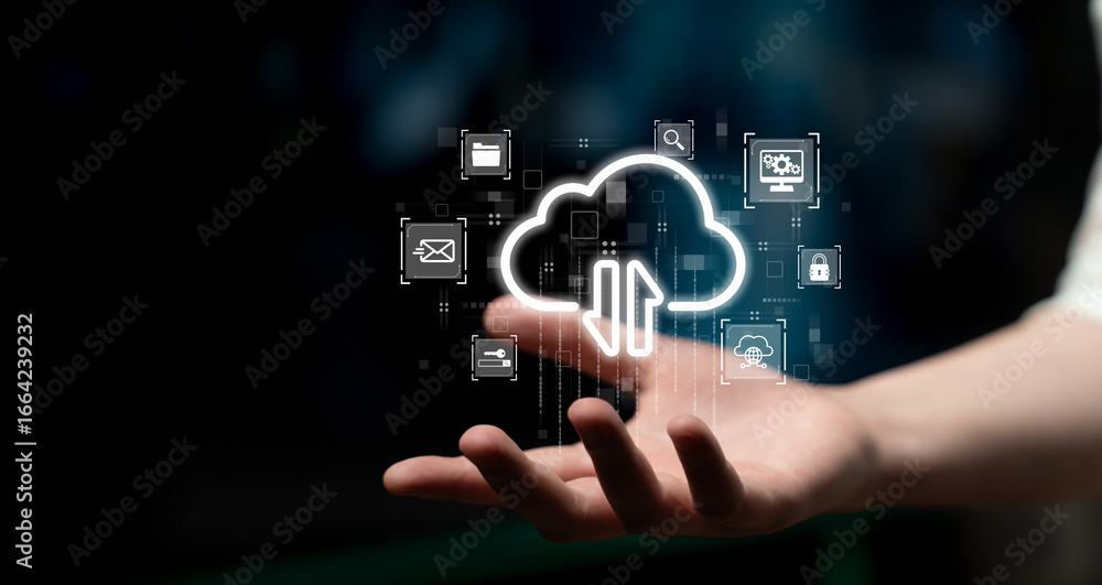Poster cloud computing enables digital growth with secure data storage, scalable infrastructure, and strate