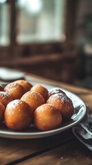 Plate of Loukoumades Golden Fried Dough Balls Dusted with Powdered Sugar on Wood Table