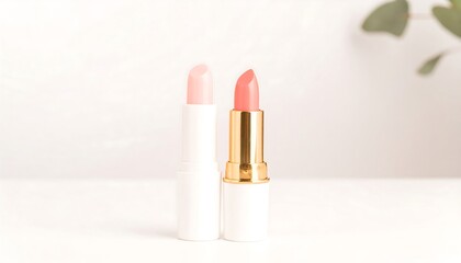 Two elegant lipsticks, one pale pink and one coral, sit on a white surface against a soft, blurred backdrop of greenery.