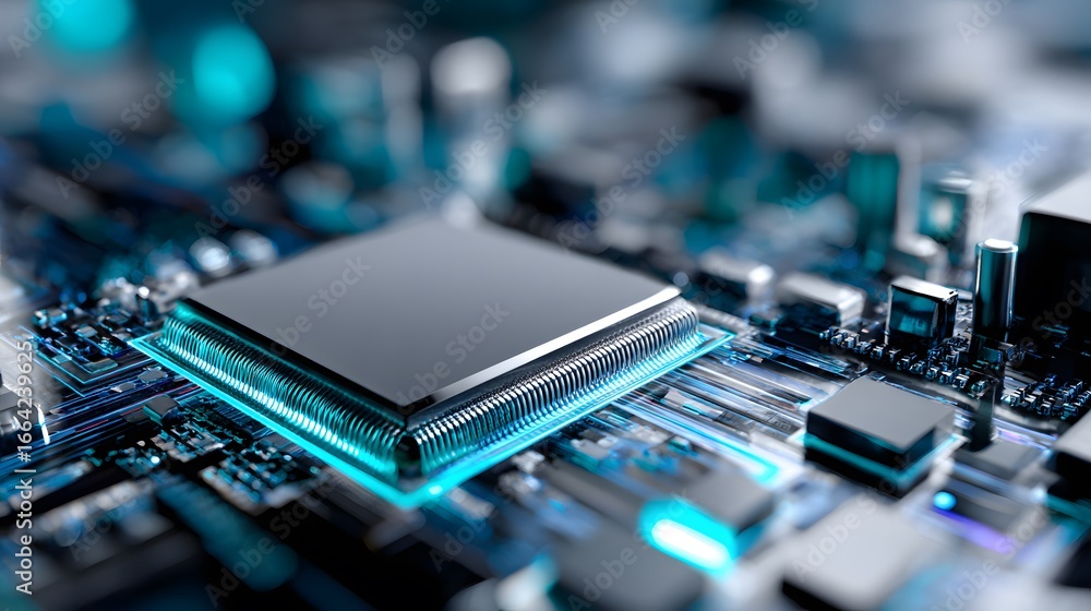 Poster close-up of a microprocessor on a circuit board with illuminated connections