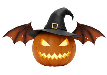 Naklejka premium Halloween Pumpkin with Witch Hat and Bat Wings isolated on transparent background