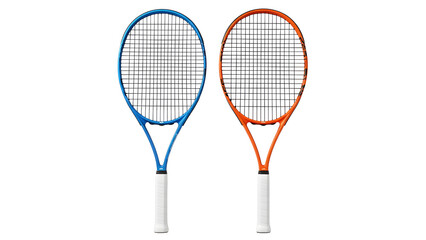 Tennis rackets blue and orange professional sports equipment for competitive play and training session on transparent background