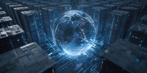 Futuristic server farm with holographic earth