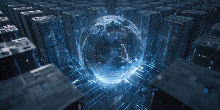 Futuristic server farm with holographic earth - Powered by Adobe