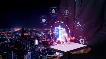 Fototapeta premium Futuristic digital law interface displaying justice scale, highlighting digital law, AI compliance, digital law systems, and digital law regulations for secure governance. Spline