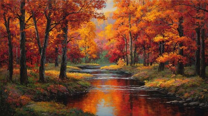 Autumnal forest scene by a stream