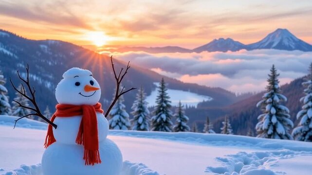 A cheerful snowman wearing a red scarf stands in a snowy landscape, framed by mountains and a colorful sunset.