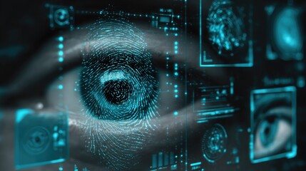 Close-up of an eye with digital fingerprint overlay