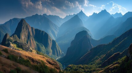 Machu Picchu Ancient Incan City on Mountain Ridge, Morning Mist Drifting Through Lush Green Valleys, Illuminated by Golden Sunlight
