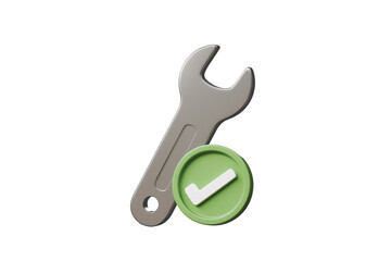 3d wrench with check mark icon. repair approval concept. Minimal cartoon silver spanner and green checklist symbol isolated on white background. 3d render.