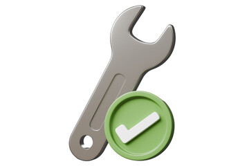 3d wrench with check mark icon. repair approval concept. Minimal cartoon silver spanner and green checklist symbol isolated on white background. 3d render.