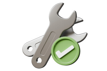 3d wrench tools with check mark icon. repair maintenance concept. Minimal cartoon silver spanners stack with green checklist symbol isolated on white background. 3d render.
