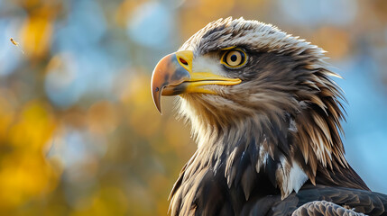 Obraz premium Close up portrait of a majestic bald eagle with a piercing gaze and sharp beak in a natural setting with blurred background