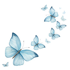 Watercolor Blue Butterflies Flying in Swarm on Transparent Background swarm