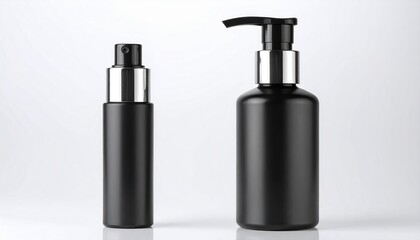 Two identical black pump bottles with silver dispensers on white background.