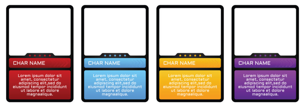 Modern game trading card templates with an three color. Customizable vector design for TCG, RPG, and character cards. Features slots for player name, stats, and description.