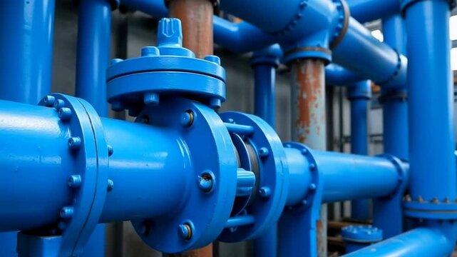 The image features a close-up view of interconnected blue industrial pipes with a valve and metal flanges.