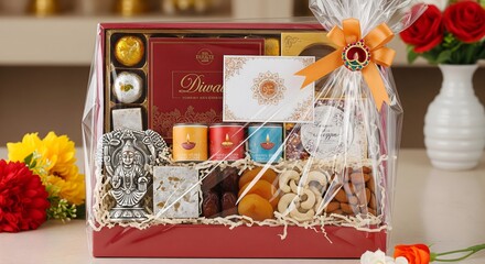 Luxury Diwali gift basket with sweets, dry fruits, candles, Ganesh idol, and greeting card, festive hamper symbolizing love, blessings, and prosperity