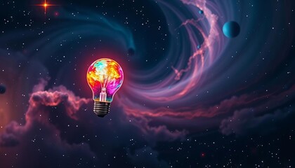 A vibrant, multicolored lightbulb floats amidst swirling nebulae and distant stars, cosmos, colorful