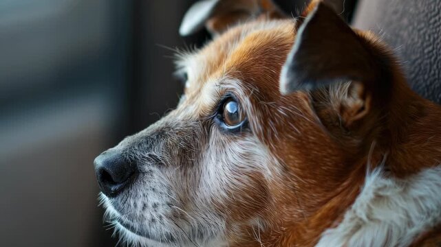 A calm older dog with white and brown fur, visible facial hair, and a reflective surface behind it. ed in daylight.