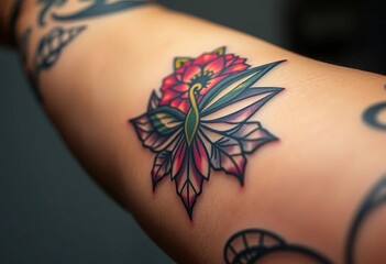 Close-up of arm, four elements tattoo in progress,  skin,  body art