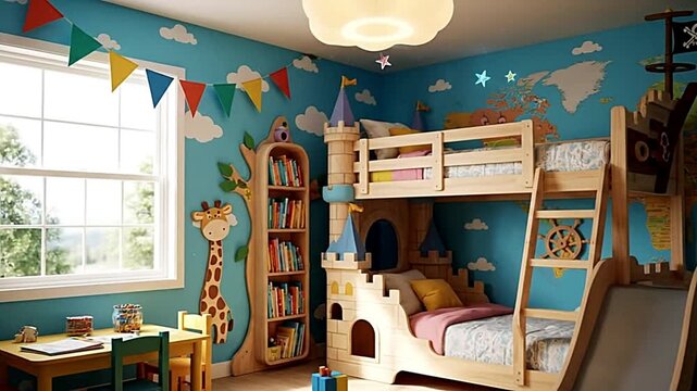 Explore a kids' room with a unique bunk bed design, whimsical wall patterns, and plenty of space to play. A joyful blend of fun and function.