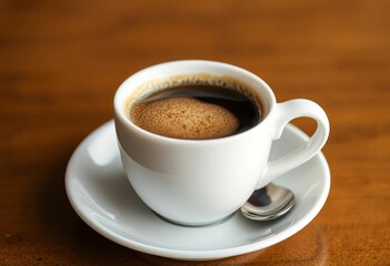 Fototapeta premium Creamy froth crowns dark coffee in a pristine white ceramic cup and saucer, kitchen, restaurant
