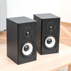 Pair of black wooden speakers on light-colored table