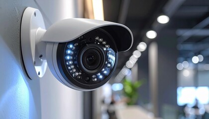 Close-up of modern security camera with infrared LEDs mounted on dark paneled wall.