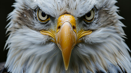 Intense close up of a bald eagles face, highlighting its sharp beak and piercing gaze, a symbol of freedom