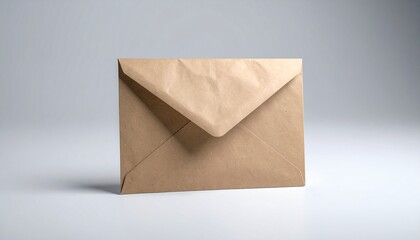 Sealed brown kraft paper envelope with triangular flap on light gray surface.