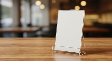 Acrylic sign holder displays a blank white card on a wooden surface with a blurred background