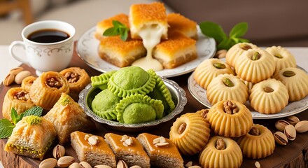 A beautiful assortment of traditional Arabic sweets, pastries, and coffee.