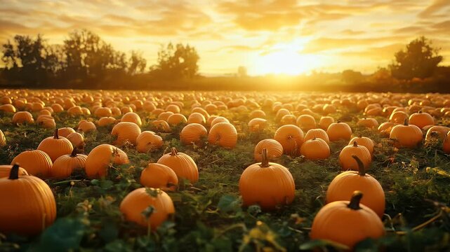Beautiful pumpkin patch at sunset golden light on orange pumpkins
