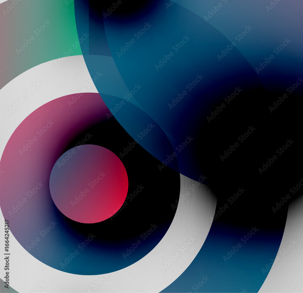 Poster Abstract circles overlap, creating vibrant color gradients. Blue, red, white dominate composition. Modern design element.