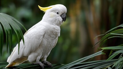 Fototapeta premium Majestic White Cockatoo Perched Among Lush Green Leaves