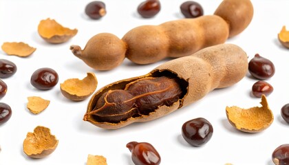 Obraz premium Tamarind pods with one opened to show pulp and seeds.