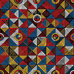 Seamless Pattern, Geometric mosaic pattern featuring triangles and circles with bold primary colors and line work Stock royalty free image.