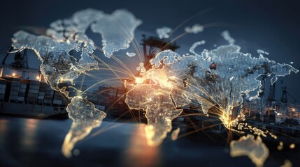 Global network, overlaying world map with container ships and port infrastructure