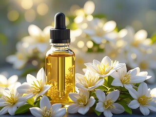 Jasmine essential oil in a dropper bottle surrounded by fresh jasmine flowers