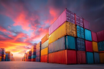 Fototapeta premium Colorful shipping containers stacked in a port at sunset.
